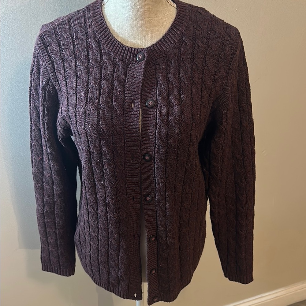LLโ Bean Freeport Studio Vintage Plum Colored Cable Knit Cardigan Sweater
